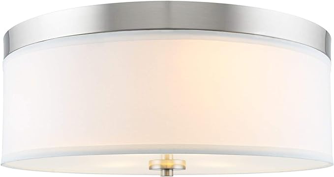 Kira Home Walker 15" Mid-Century Modern 3-Light Flush Mount Ceiling Light, White Fabric Shade + Round Glass Diffuser, Brushed Nickel Finish