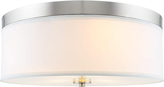 Kira Home Walker 15" Mid-Century Modern 3-Light Flush Mount Ceiling Light, White Fabric Shade + Round Glass Diffuser, Brushed Nickel Finish