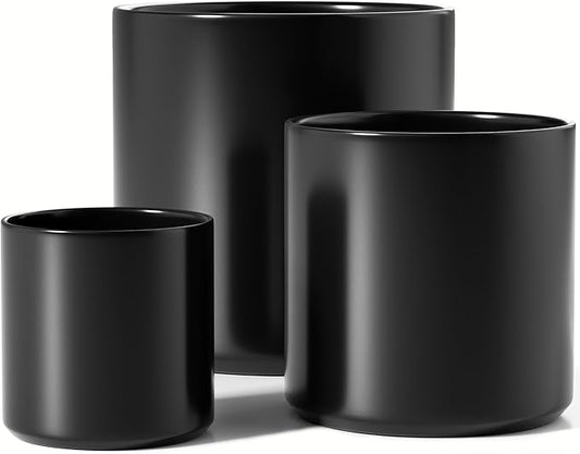 LE TAUCI Ceramic Pots for Plants, 10+8+6 Inch Indoor Plant Pots, Modern Planters for Indoor Plants Home Office, Cylinder Planters with Drainage Hole and Plug, Set of 3, Black
