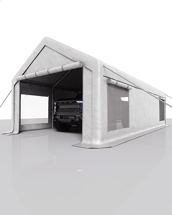13x25 Ft Carport with 10 Sandbags, Car Port with 220g PE Tarp, 2 Roll-Up Doors, and 4 Windows, for Full-Size Pickups, Bass Boats, Tractors, and SUVs, White