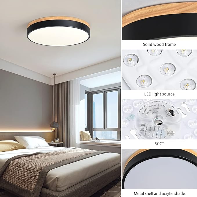 Dimmable Modern Wood Ceiling Light, Black LED 5CCT 2700K-6000K Flush Mount Ceiling Lighting Fixture, Round Light Fixtures for Kitchen Living Room Dining Room Bedroom 15.8in