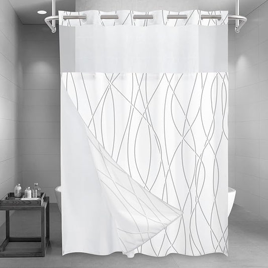 No Hook Grey Shadow Striped Long Shower Curtain with Snap in Fabric Liner Set - Hotel Shower Curtain and Liner Set with See Through Mesh Top Window,Machine Washable, 71x86 INCH