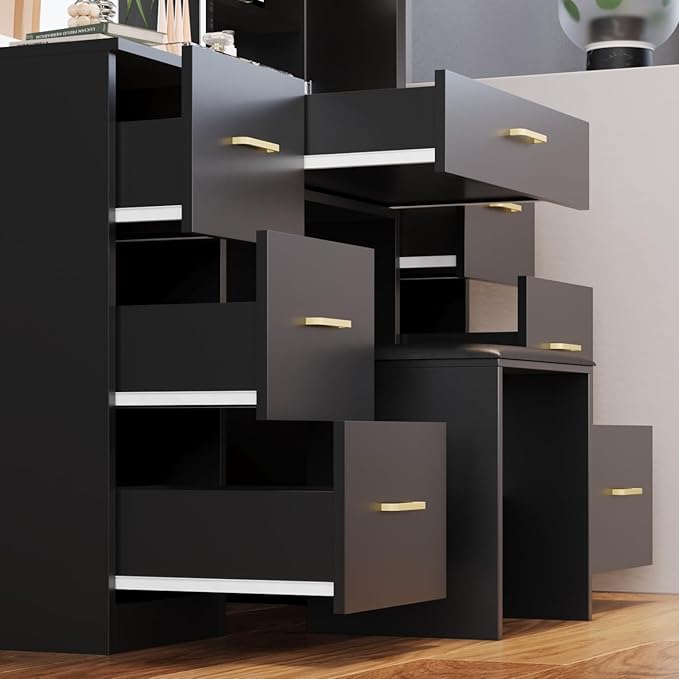 Makeup Vanity Desk with Large Mirror and LED Lights,Vanity Stool&Storage Bench,White Vanity with Hidden Storage Mirror Cabinet&7 Drawers,Makeup Organizer Countertop for Room (Black)