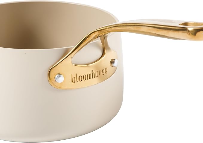 bloomhouse 3 Quart Heavy Duty Aluminum Premium PFA Free Ceramic Nonstick Saucepan with Lid - Almond Cream w/Gold Handle