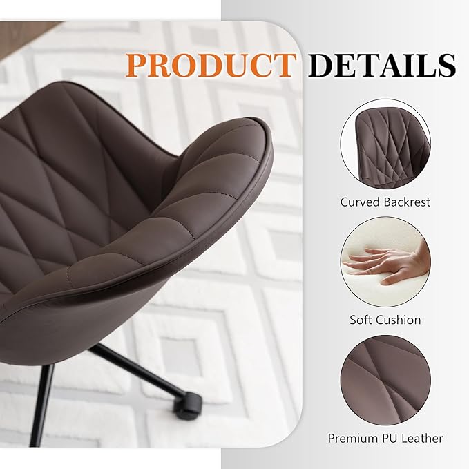 Rowill Modern Office Chair - Ergonomic Swivel Leather Desk Chair with Curved Backrest, Height Adjustable Rolling with Wheels, Perfect for Study Room & Office, Brown