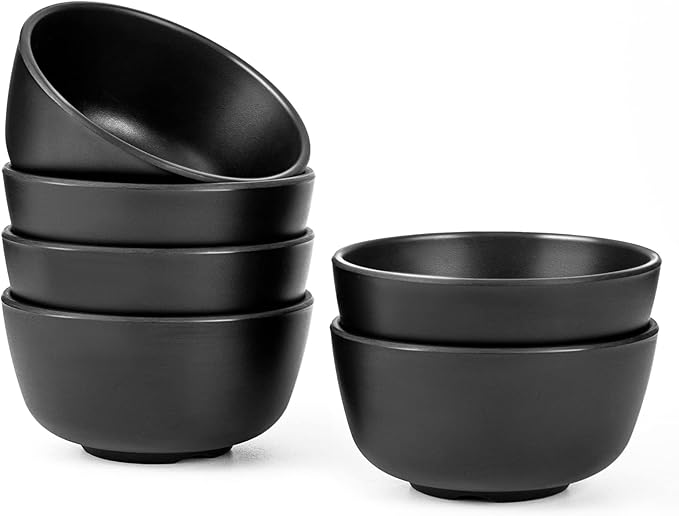 TP 10 Ounce Bowl Set of 6, 4.5” Melamine Bowls for Appetizer Snacks Ice Cream Dipping Sauce Side Dish, Unbreakbale and lightweight, Black