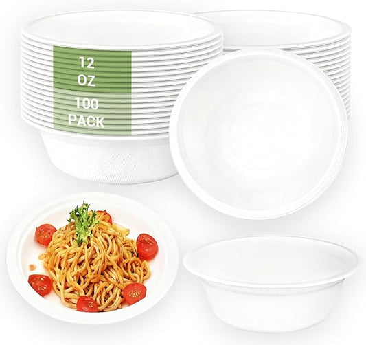 100 Pack 12oz Compostable Paper Bowls Small Disposable Soup Bowls White Natural Sugarcane Biodegradable Bowls for Ice Cream, Desserts, Salads, Pet Food