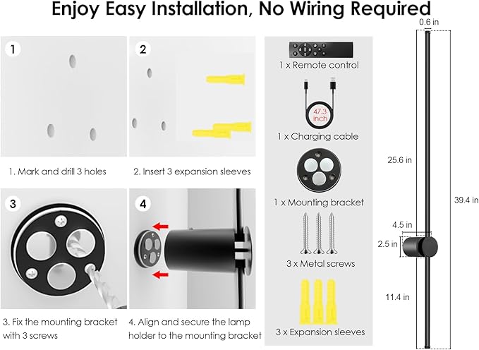 39.4 Inch Battery Operated Wall Sconce, 12000mAh Rechargeable Wall Sconce with Remote Control, Dimmable LED Wireless Wall Light for Bedroom, Living Room, 15 Colors, 180° Rotate, Black, 1 Pack