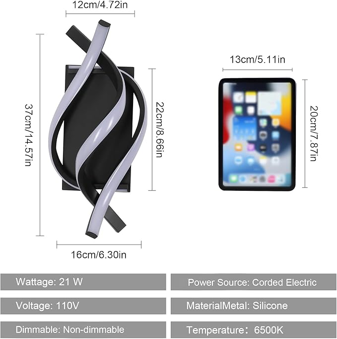 Modern LED Wall Sconce 21W Indoor Wall Sconces Light Cool White 6500K Spiral Design Wall Mounted LED Lamp for Bedroom Stairwells Living Room Hallway Office (Black, 6500K)