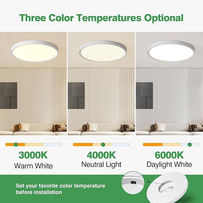 20 Inch LED Flush Mount Ceiling Light, 40W, 4350LM, Selectable 3000K/4000K/6000K CCT, White Round Flat Panel Light Fits Hallway, Kitchen, Bedroom, Laundry Room