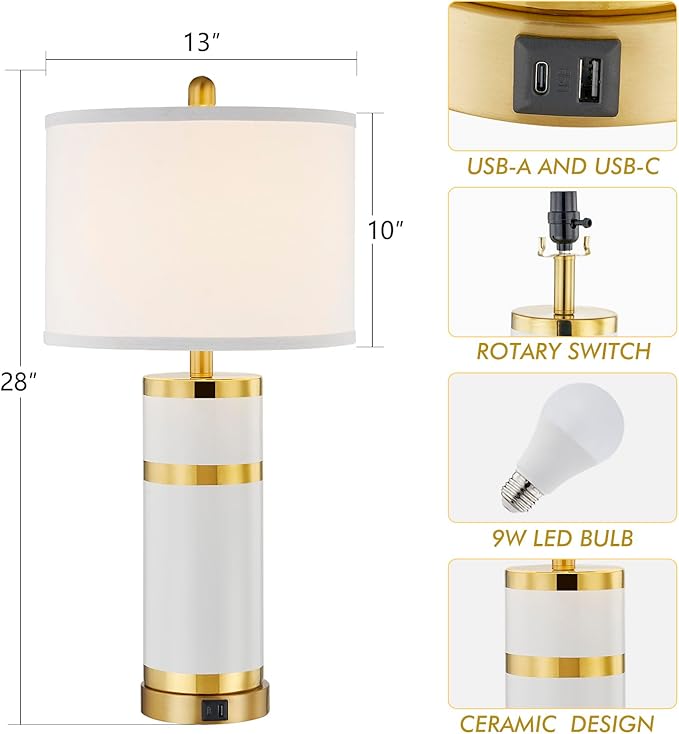 Ceramic Gold-Plated Decorative 28" Table Lamps Set of 2 with E26 Socket&Rotary Switch,USB A+C Ports,Modern Bedside Lamps for Nightstand,Bedroom,Living Room,Decoration,Office(Bulbs Included)
