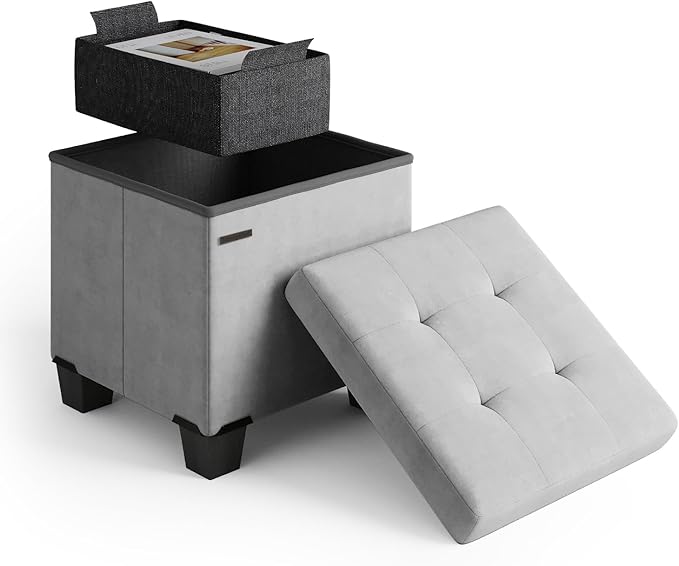 STORAGEBUD Storage Ottoman Cube with Small Bin, 15-in Square Ottoman with Storage for Living Room and Bedroom, Small Ottomans Foot Rest, Velvet Foot Stools Ottomans Max 330lbs, Light Grey