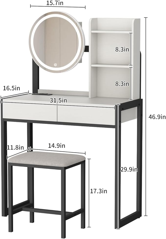 Small Vanity Desk with Mirror and Lights, Makeup Vanity Table with LED Mirror, 3 Lighting Modes, Power Outlet, Drawer, Open Shelves and Cushioned Stool for Bedroom (Black)