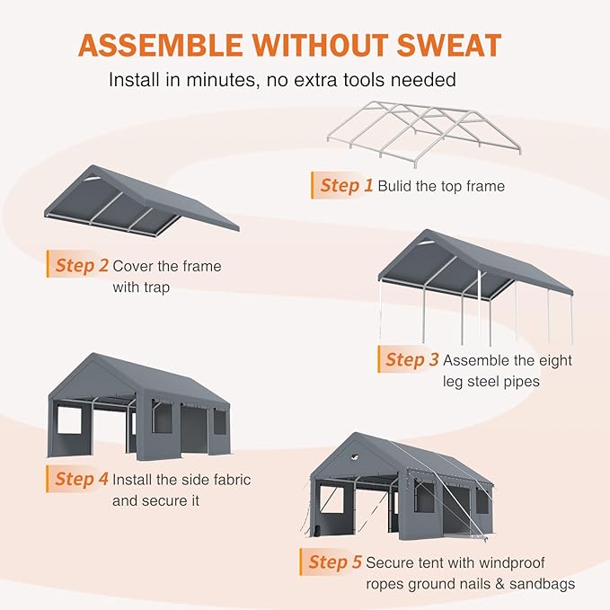 Carports 10X20 Heavy Duty，Portable Car Port Garage，Carport Canopy with Side Doors，Outdoor Car Shelter All Weather,Grey