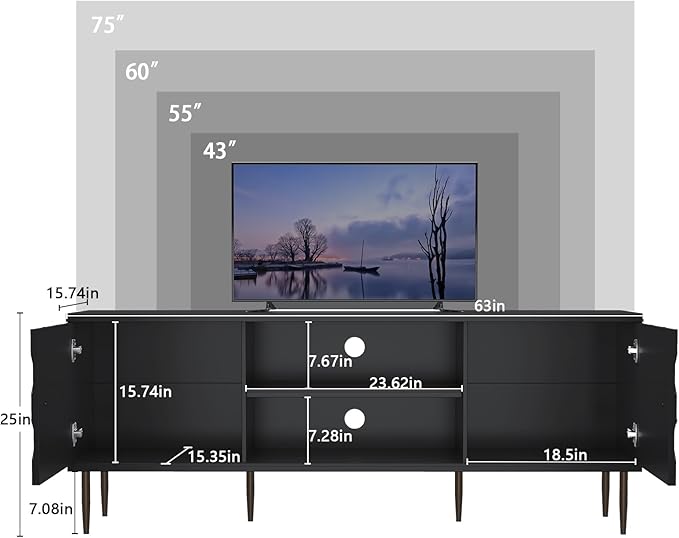 Modern TV Stand for 65/70inch TV, Entertainment Center with Storage Cabinet and Open Shelves, Embossed Pattern TV Stand, TV and Media Console for Living Room, Bedroom, Black
