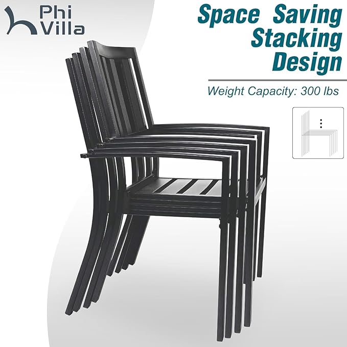 PHI VILLA 7 Piece Outdoor Dining Set for 6, 64" Metal Steel Dining Table with Umbrella Hole & Black Stacking Dining Chairs for Patio, Yard, Porch, Deck