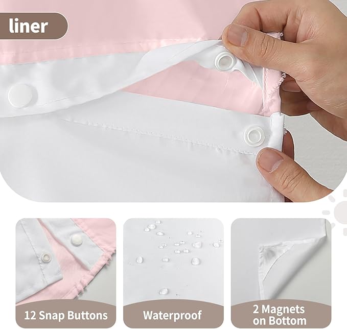 no Hook Shower Curtain and Liner Set，Boho Style with See Through Top Window, Pink Fabric Tufted Striped Textured Outer Curtain & Waterproof Inner Liner, Pink, 71Wx74H