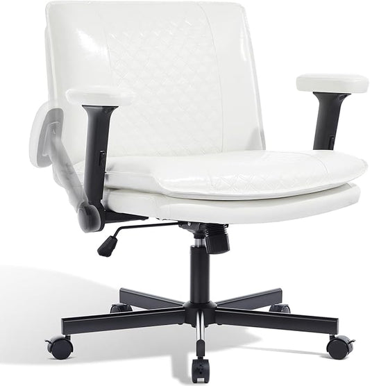 Criss Cross Chair with Flip-Up Arms and Lockable Wheels, Leather Cross Legged Office Desk Chair，Wider 125°Tilting Adjustable Swivel Computer Chair for Home, Apartment, Bedroom,White