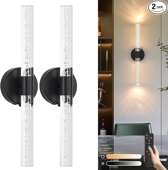 Battery Operated Wall Sconces Set of 2, Black 20'' Rechargeable Crystal Bubble Wall Sconce with Remote Control, 3000K-6000K Dimmable LED Wireless Wall Lights for Living Room Bedroom Bathroom Hallway