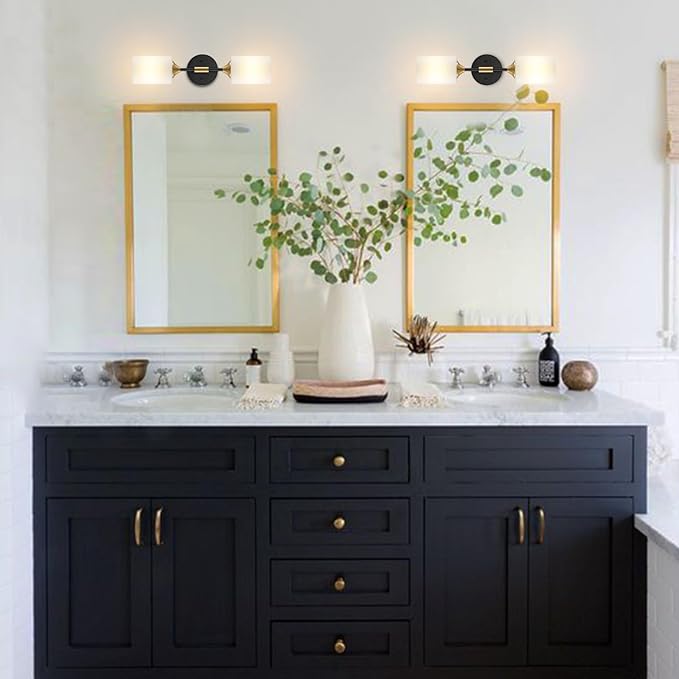 Industrial Mid Century Wall Sconce 2-Lights with White Cylinder Glass Shades Modern Bathroom Vanity Wall Lamp Matte Black and Gold Brushed Brass Finished Wall Light Fixture