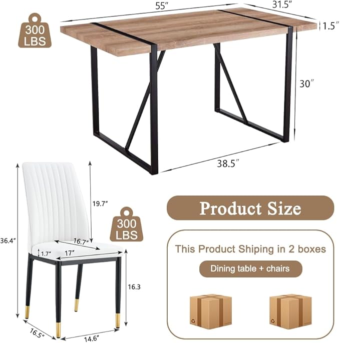 Dining Table Chairs Set for 4, Modern Rectangular Dining Room Table Set PU Leather Upholstered Dining Chairs 55" Dinner Table Set for Kitchen, Dining Room (Dining Table Set for 4, White)