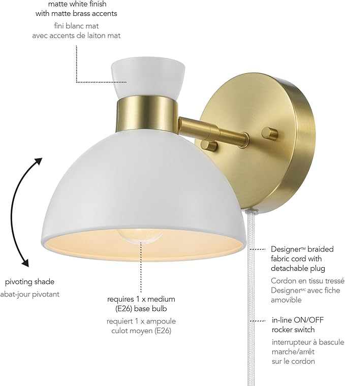 GLOBE Electric 65000099 1-Light Plug-in or Hardwire Wall Sconce, Matte Brass, Matte White Pivoting Metal Shade, 6ft Clear Cord, in-Line Rocker Switch, Wall Lights for Living Room, Bedroom, Den