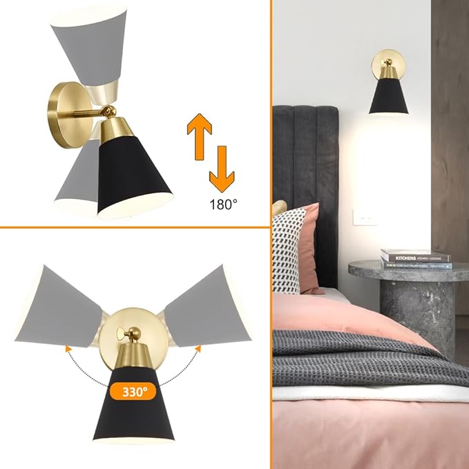 Black and Gold Battery Operated Wall Sconce Set of 2, Rechargeable Wall Light with Remote, 3CCT Dimmable Wireless Wall Lamp, LED Cordless Sconce for Living Room Hallway,12 RGB Colors,180°&330°Rotation