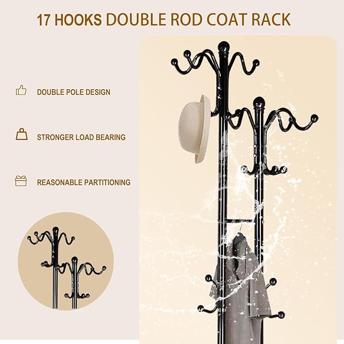 Coat Rack with Natural Marble Base, Metal Modern Coat Racks Freestanding, Coat Rack Stand with 12 Hooks, Coat Tree Hats Hanger Stand for Entryway, Hallway (17 Hooks-Black)