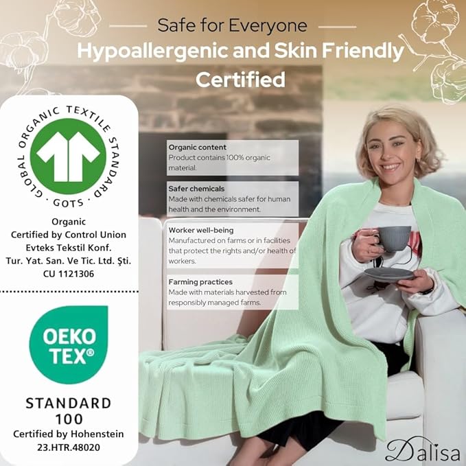 Dalisa 100% Organic Turkish Cotton Throw Blanket - GOTS Certified, Cozy - Perfect for Couch, Bed, and Home Decor - Boho Vintage Knit Alina (Sage, 60x80)