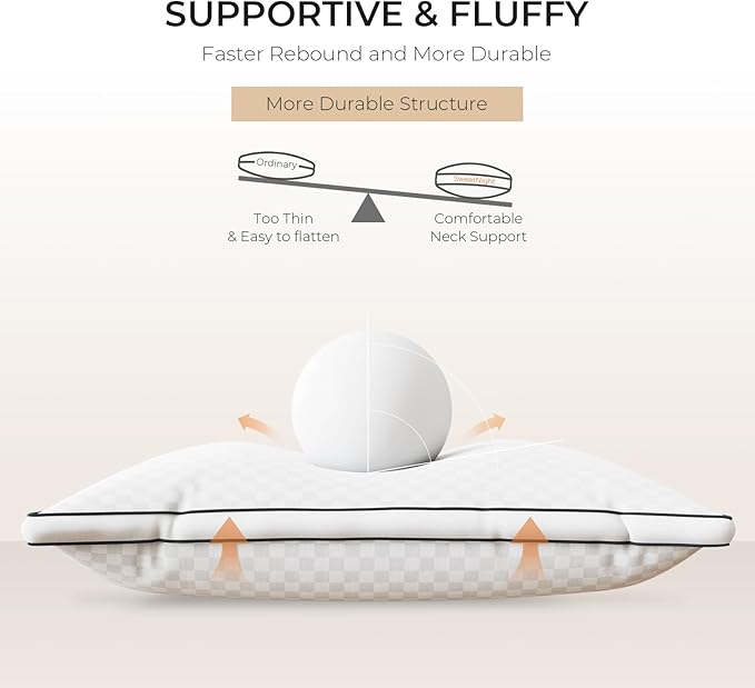 Sweetnight Queen Pillows Set of 2, Hotel Bed Pillows Fluffy Gusseted for Neck and Shoulder, Back Side Sleeper Pillows