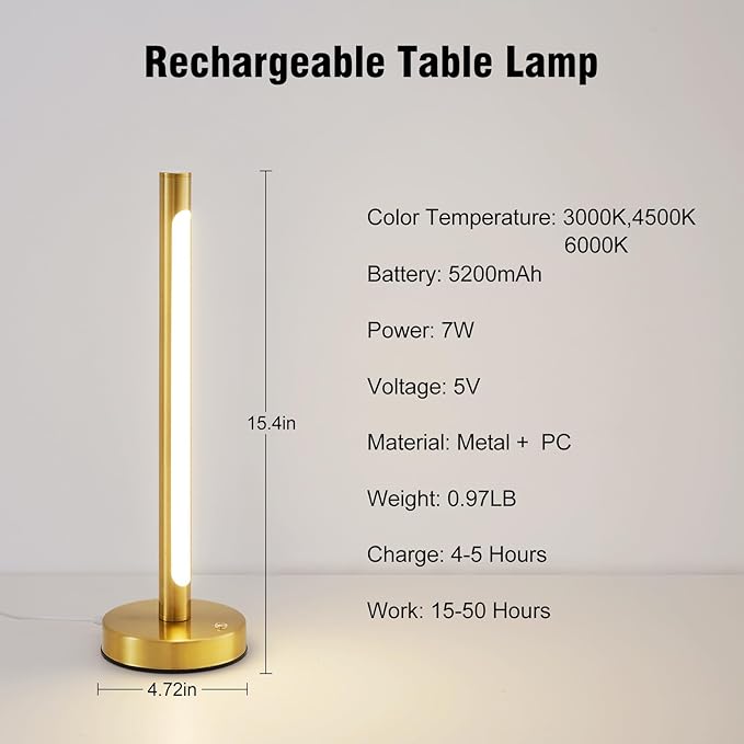 Gold Cordless Table Lamp, 5200mAh Rechargeable Battery Operated Lamp with 3-Levels Brightness, Touch LED Night Light Wireless Minimalist Design for Bedroom Camping Outdoor Patio,Brass