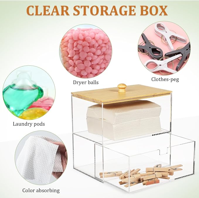 Dryer Sheet Holder Dispenser,Acrylic Dryer Sheet Container Box with Drawers and Lid for Laundry Room Organization, Storage Dryer and Fabric Sheet, Dryer Balls, Clothes Pins