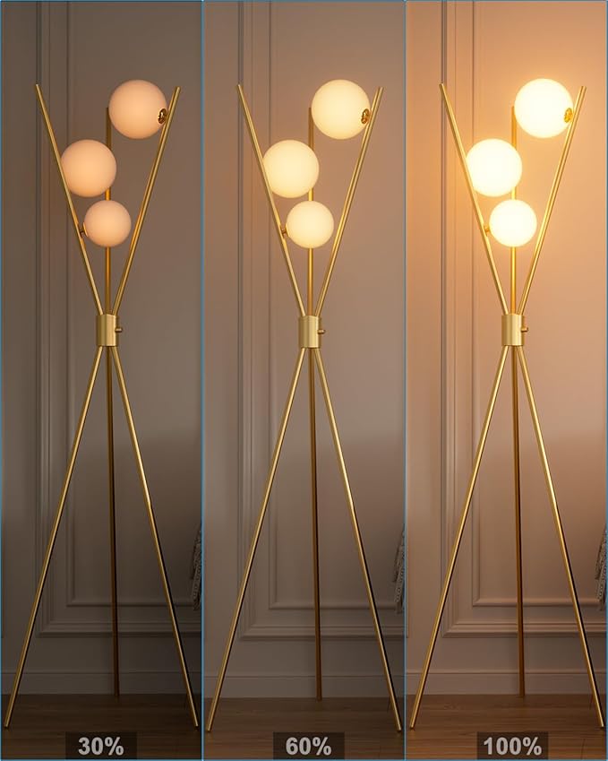 Lightdot Tripod Floor Lamp Stepless Dimmable Globe Modern Floor Lamp Gold Standing Lamps with 3PCS 3000K G9 Bulbs Stable Base Mid Century Floor Lamps for Living Room