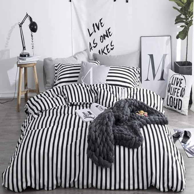 Luxlovery Black and White Comforter Set King Men Women Striped Bedding Set Farmhouse Ticking Stripes Bedding Blanket Geometric Lines Modern Comforter Set with 2 Pillowcases