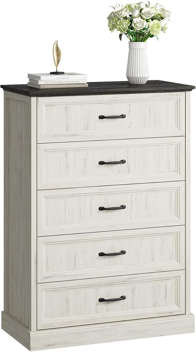 Farmhouse 5 Drawers Dresser for Bedroom, 44" Tall White Dresser Wood Rustic Chest of Drawers with Wide Metal Handle,Natural Texture,Drawer Organizer for Bedroom,Living Room,Hallway and Entryway