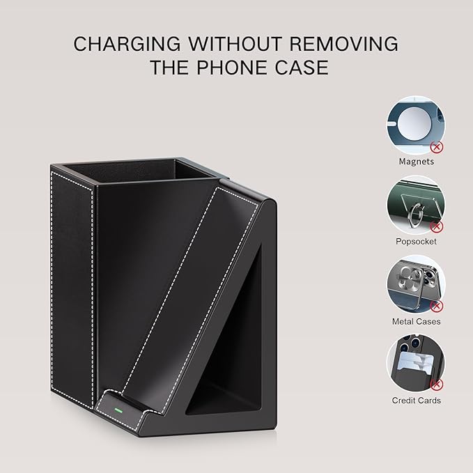 Pen Organizer with Phone Stand,Black Vegan Leather Desk Organizers with Remote Control Holder,Pencil Holder for Desk,Desk Organizer with Phone Charger for Office/Nightstand/Endtable