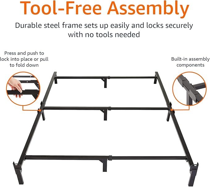 Amazon Basics Metal Bed Frame, 9-Leg Base for Box Spring and Mattress, Full, Tool-Free Easy Assembly, Black