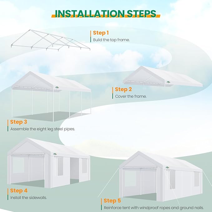 COBIZI Carport Canopy 12x20 Heavy Duty Portable Garage with Removable Sidewalls & Doors, Galvanized Frame Car Port Canopy Tent with Built-in Sandbags & All-Season Tarp for Car Boat Truck, White