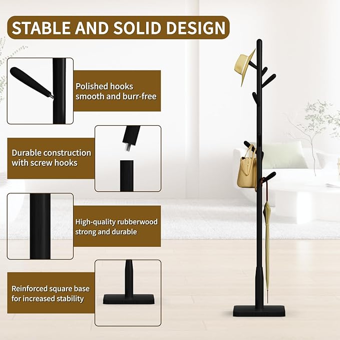 Solid Wood Square Base Coat Rack, Free Standing Hall Coat Tree with 8 Hooks（+2 spare for Coats, Hats, Bags, Purses, for Entryway, Hallway, Rubberwood Hooks,Base and Pole,(Square Base, Black)