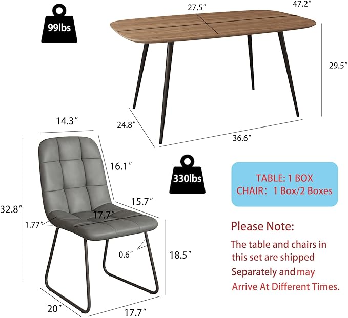 47.2'' Dining Table Set for 4,Modern Wood Dining Table,Leather Dining Chairs 4,Table and Chairs Set of 4,Ideal for Kitchen Dining Room (Walnut Color Table + 4 U-Shaped Gray Chairs, 47.2")