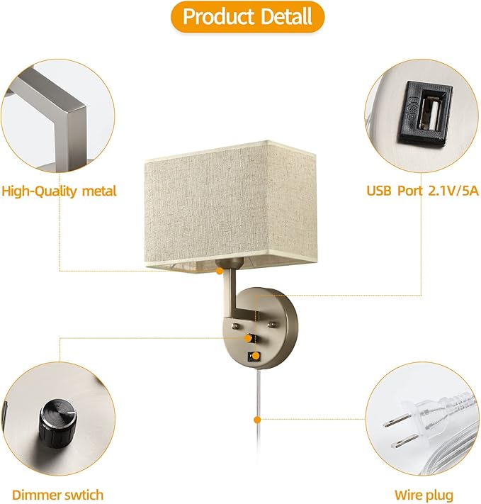 Plug in Wall Sconce with Dimmer Switch and USB Port，1-Light 9.5“Rectangular Linen Fabric Shade，Bedside Wall Lamp Satin Nickel Finish，Wall Lamps Perfect for Bedroom, Living Room and Hotel