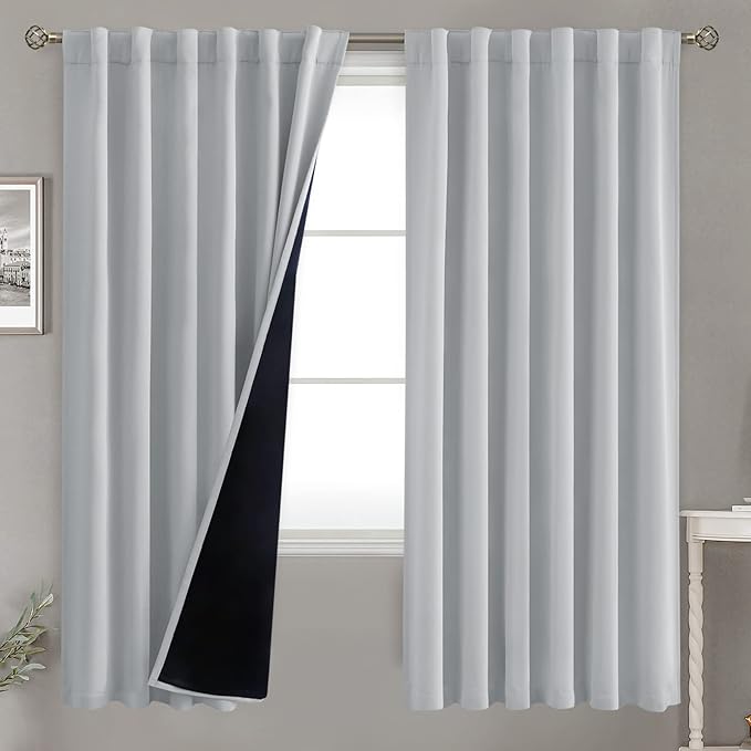 BGment Light Grey 100% Blackout Curtains 72 Inches Long with Black Liner, Rod Pocket and Back Tab Double Layer Full Room Darkening Thermal Window Curtains for Bedroom, 2 Panels, Each 52 x 72 Inch