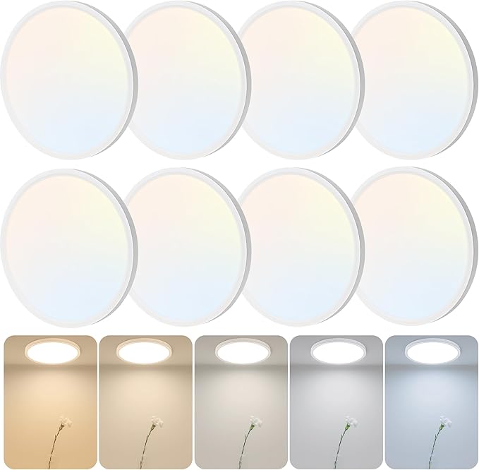 8 Pack 12 Inch Dimmable LED Flush Mount Ceiling Light, 24W 2640LM 5 CCT Selectable (2700K-6500K), Ultra-Thin Round Fixture for Kitchen Bedroom Laundry Hallway, White