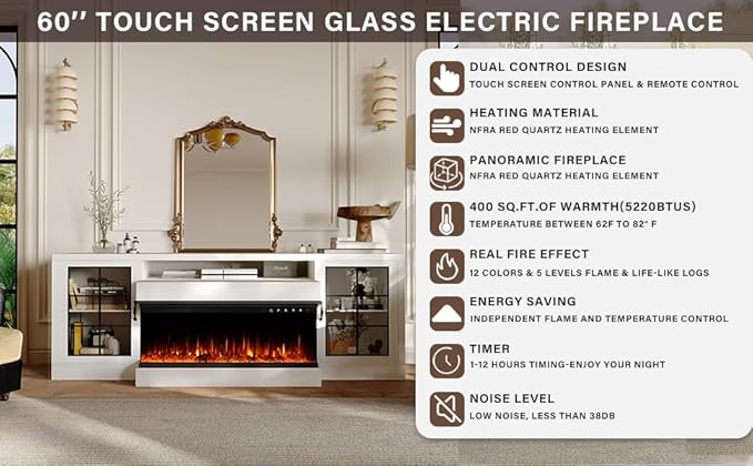 CharaVector 3-Sided Farmhouse Electric Fireplace TV Stand for TVs up to 75'', Entertainment Center with Glass Door Storage Cabinet, 60'' Large TV Stands with 30''Fireplace, White