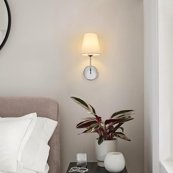 Modern Hardwired Wall Sconces, Set of 2 in Chrome or Polished Nickel with White Fabric Shades,Farmhouse Light, Living Room, Hallway, Bathroom, Vanity, or Staircase. Sleek, Versatile Lighting