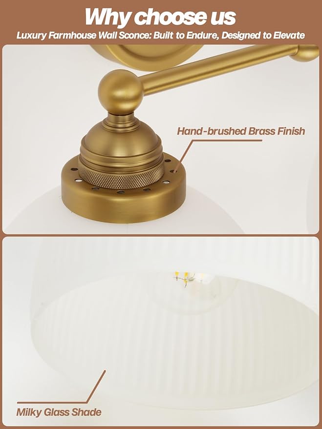 2-Lights Milk White Glass Wall Sconce Lighting Brass Finished, Double Arm Bathroom Vanity Light Fixture for Bedroom Living Room Dining Room Hallway
