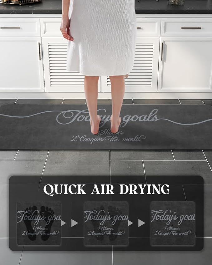 MontVoo -Bath Mat Rug- Non Slip Quick Dry Absorbent Thin Bathroom Rugs Fit Under Door-Faux Suede Surface Bathroom Floor Mats-Shower Rug for in Front of Bathtub Shower 17 X59 Dark Grey Text Pattern