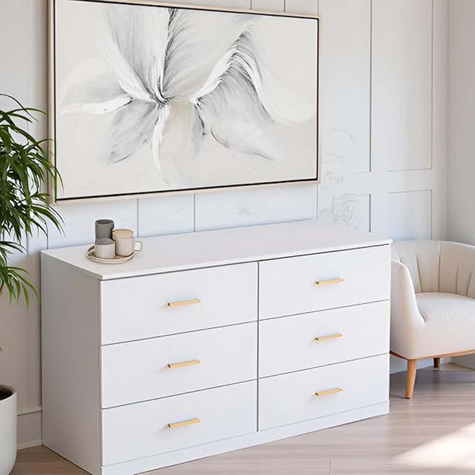 6 Drawer Dresser, Wide Chest of Drawers Organizer Storage with Drawers, Large White Storage Tower Unit, Modern Minimalist Closet Store Organizer for Bedroom or Living Room, Anti-Tipping Device (White)