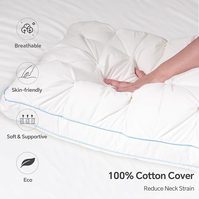 QUTOOL Luxury Hotel Goose Feather Pillow, 100% Cotton Cover, Soft Support Pillow, Suitable for Sleepers on The Back, Sides, and Stomach, Queen Size Bed Pillows Set of 2