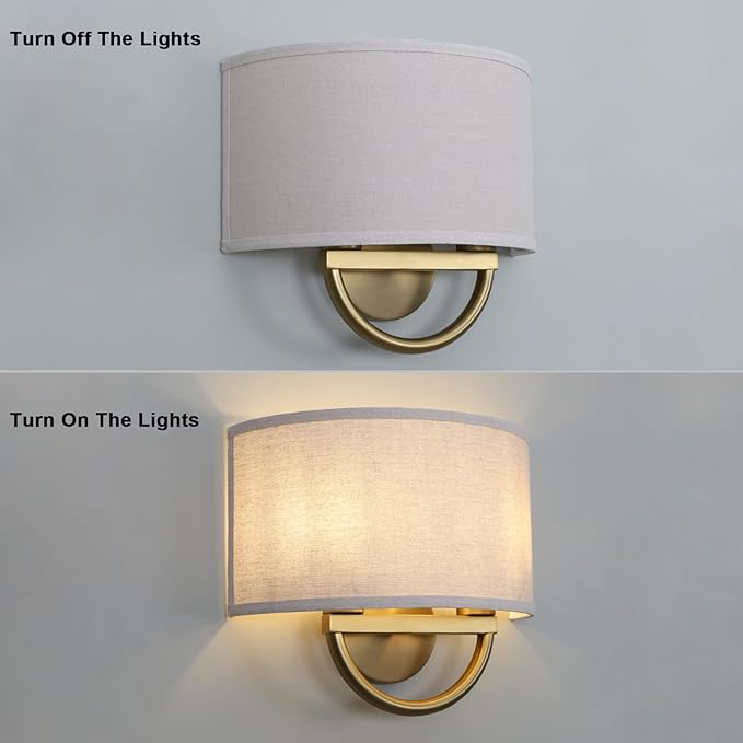 Yosoan Linen Fabric Cloth Boho Aged Brass Gold Wall Sconce Stairwell Fixture Light, 2-Light Dual Indoor Hardwired Vanity Vintage Wall Mount Lamp Antique Metal Base Semicircle Shade Lamp for Hallway